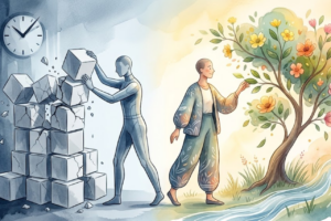 Ilustracja koncepcyjna pokazująca jak radzić sobie z perfekcjonizmem. Po lewej stronie postać zmaga się z kruchą wieżą z szarych, idealnych sześcianów, symbolizującą nadmierne wymagania wobec siebie. Po prawej, ta sama postać, uwalniając się od presji osiągnięć, stoi obok kwitnącego, naturalnego drzewa, reprezentującego samoakceptację i zdrowy rozwój osobisty. Ciepłe i zimne światło podkreślają kontrast między destrukcyjnym perfekcjonizmem a równowagą psychiczną.